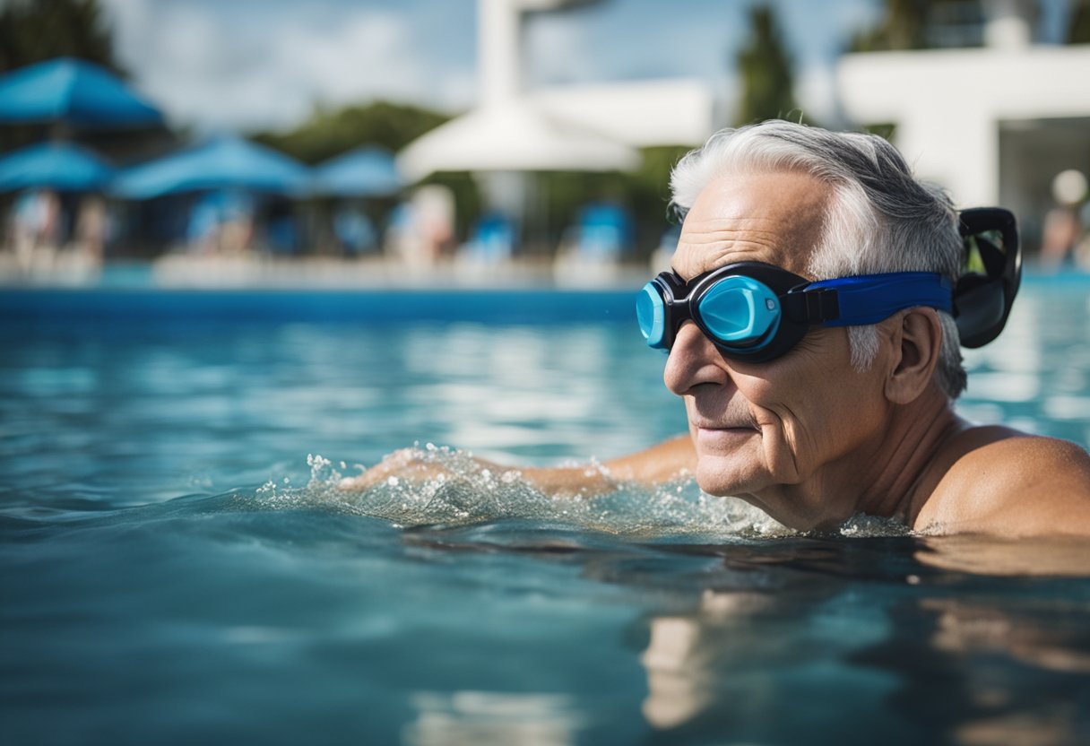 A person with arthritis uses adaptive swimming aids in a pool for exercise
