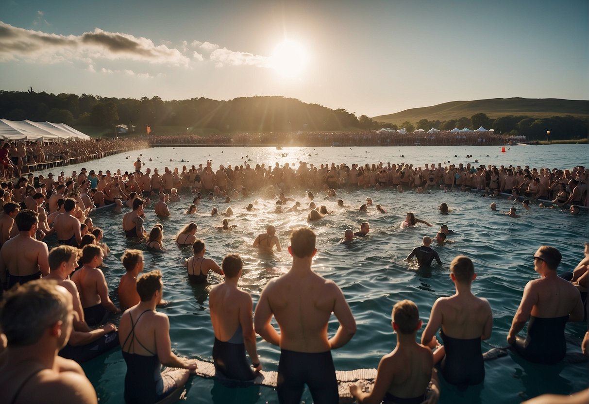 The biggest outdoor swimming event in the UK is depicted with a large, bustling crowd of swimmers and spectators at a scenic open water location. The atmosphere is filled with excitement and energy as participants prepare to dive into the water