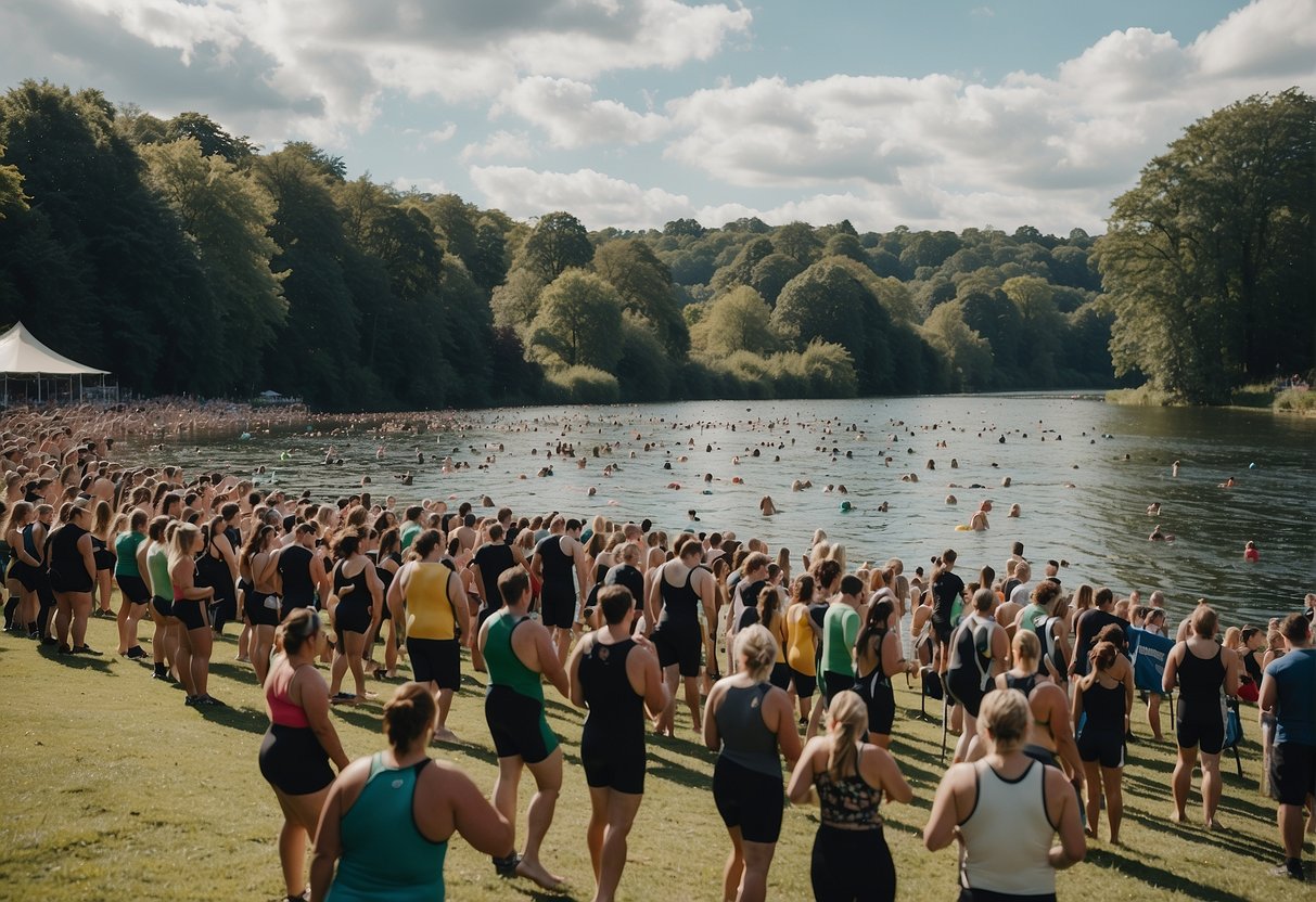 A large outdoor swimming event in the UK, with participants swimming in a scenic lake or river, surrounded by lush greenery and cheering spectators