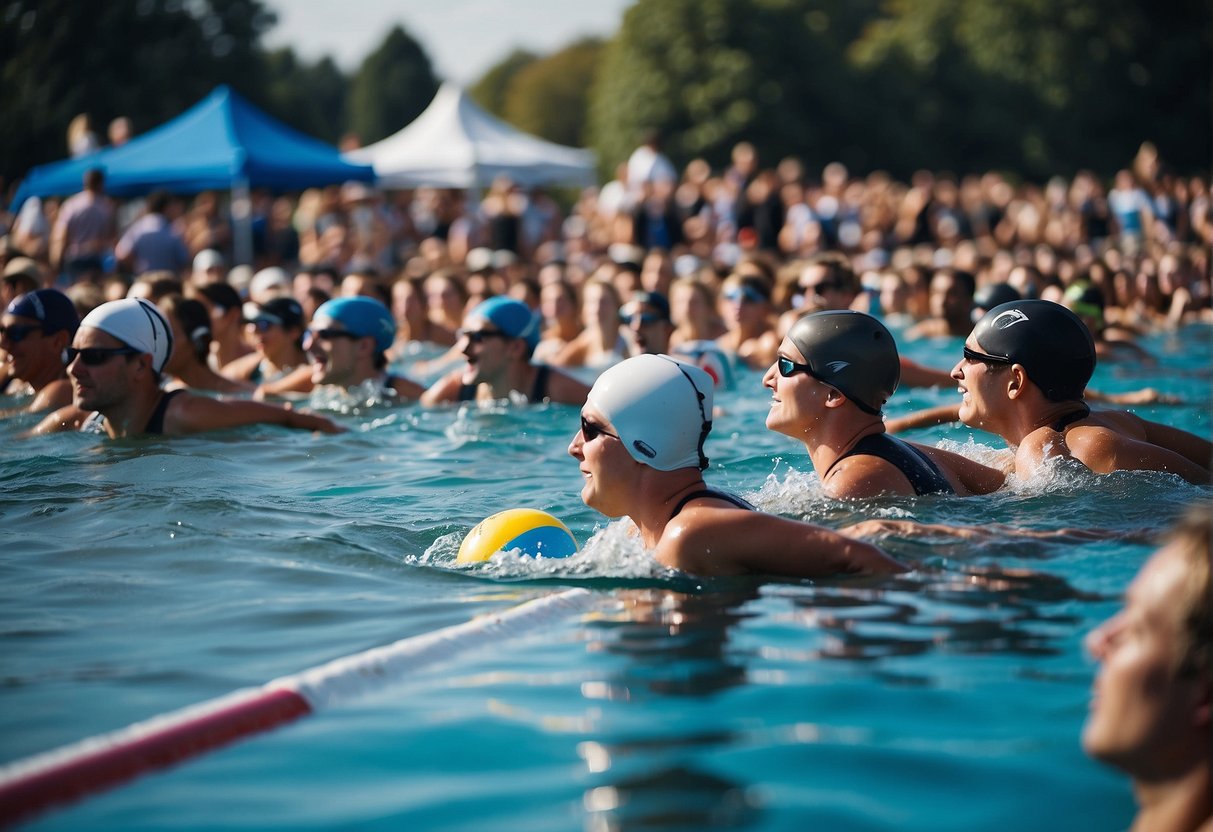 The scene depicts a crowded outdoor swimming event in the UK, with swimmers racing in a large body of water and spectators cheering from the sidelines