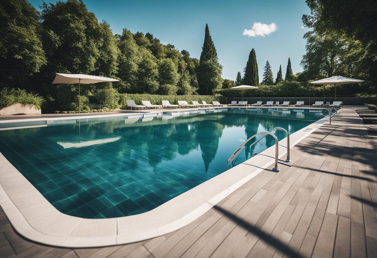 Swimming pool with calm water, surrounded by trees. Sign with "Frequently Asked Questions" about swimming and health conditions like arthritis