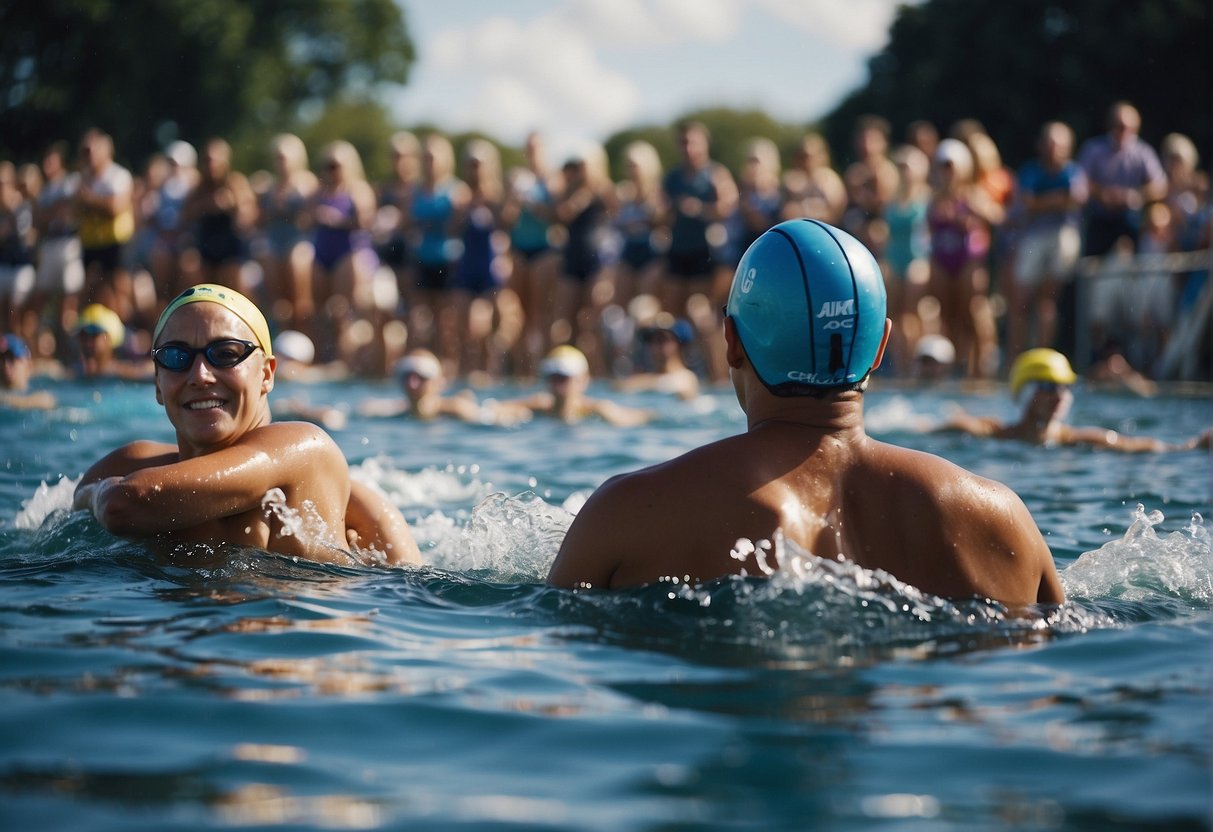 A bustling outdoor swimming event in the UK, with swimmers competing in a large body of water and spectators cheering from the shoreline