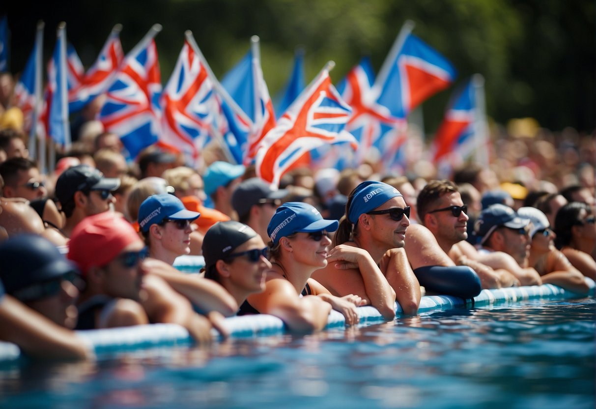 A crowded outdoor swimming event in the UK, with swimmers preparing and training. Spectators line the shore, cheering and waving flags