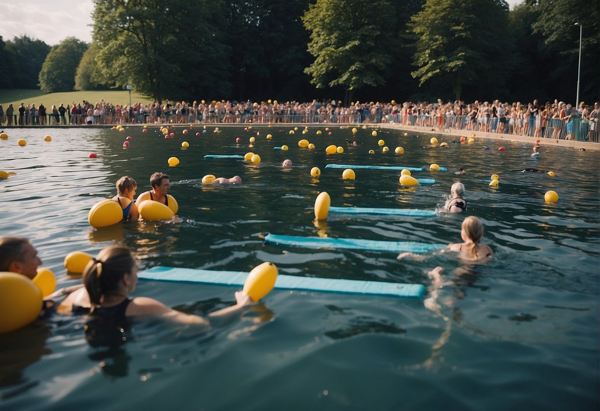 The scene is a large outdoor swimming event in the UK, with participants swimming in a lake or river. There are safety buoys and lifeguards present, and banners promoting health and safety guidelines