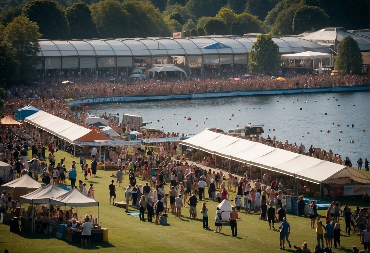 A large outdoor swimming event in the UK, with crowds of people cheering on swimmers in a lake or river. Banners and tents line the shore, with vendors selling food and merchandise