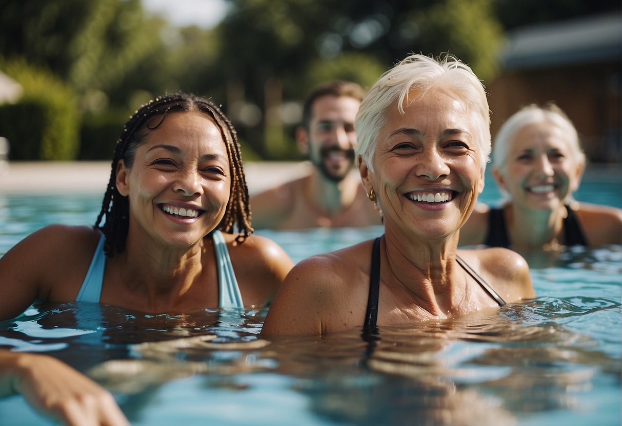 A diverse group of people of all ages and abilities enjoying a swimming pool, with smiles on their faces and a sense of relaxation and joy in their movements