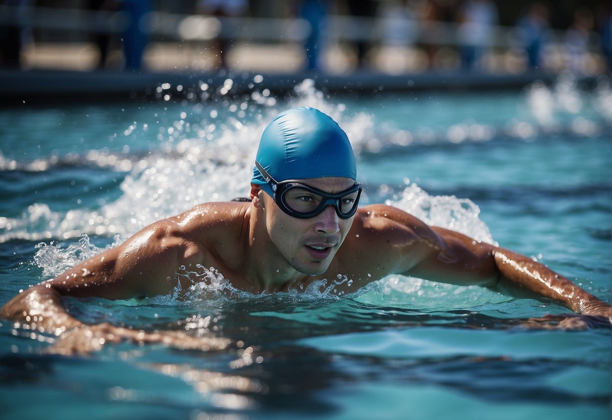 A swimmer glides through clear blue water, muscles toned and strong. The rhythmic strokes and deep breaths promote cardiovascular health and mental well-being
