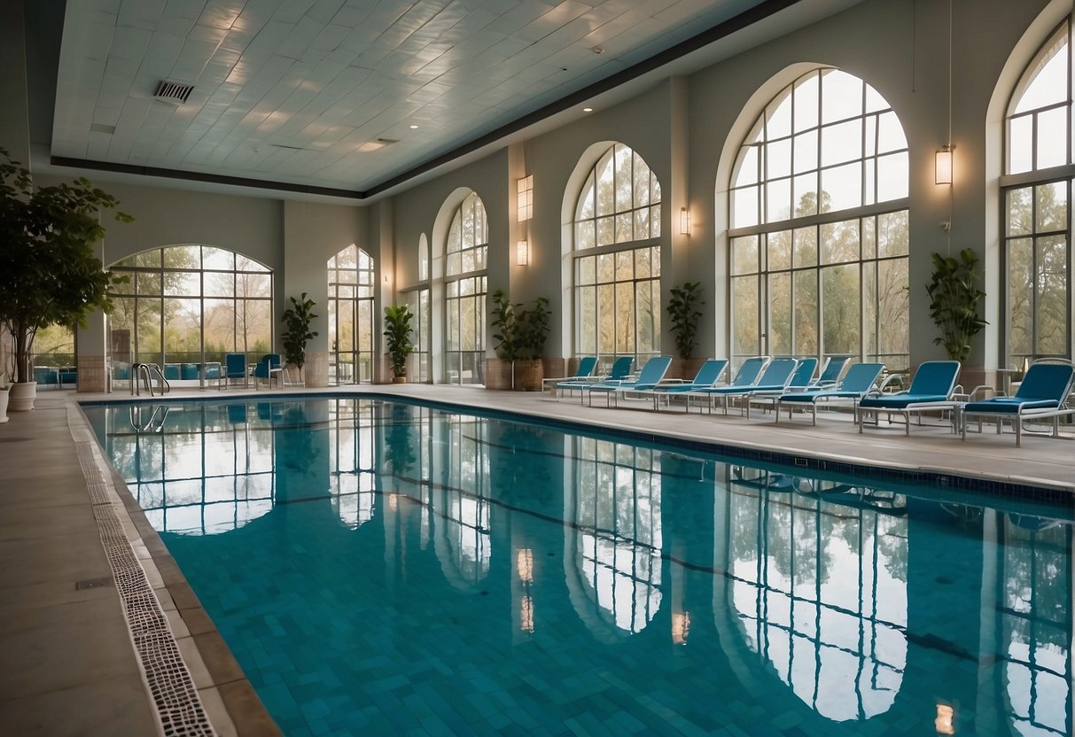 A serene pool with clear, calm water and accessible entry points for all abilities. Surrounding area includes safety equipment and signage promoting the health benefits of swimming
