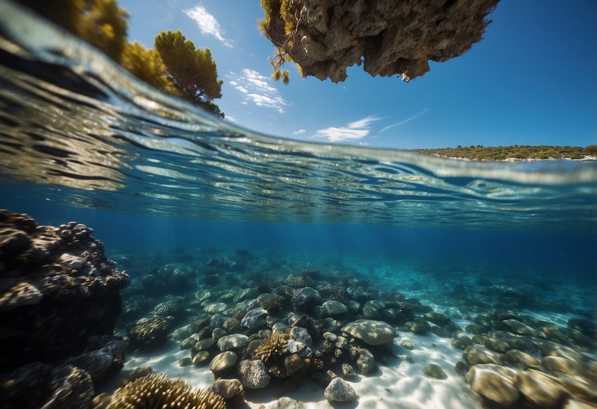 Crystal clear waters off the coast of Greece, with vibrant marine life visible from the surface