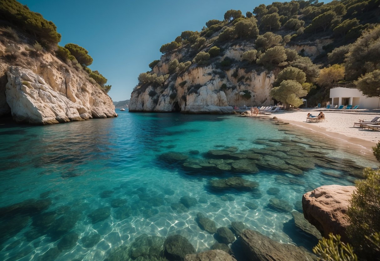 Crystal clear waters of the Mediterranean coast, with vibrant blue hues and sandy beaches. Rocky cliffs and lush greenery surround the tranquil swimming spots