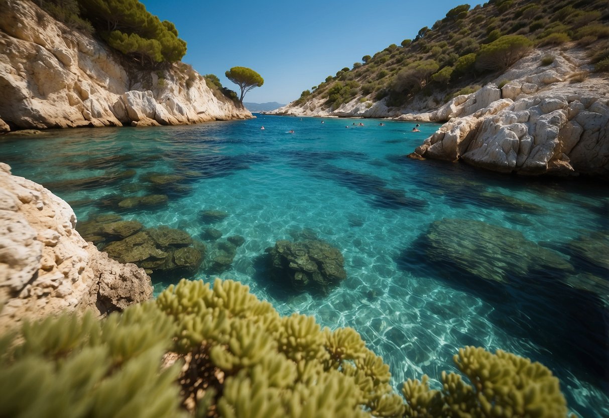 Crystal clear waters of the Mediterranean coast, with vibrant marine life and pristine beaches, ideal for open water swimming