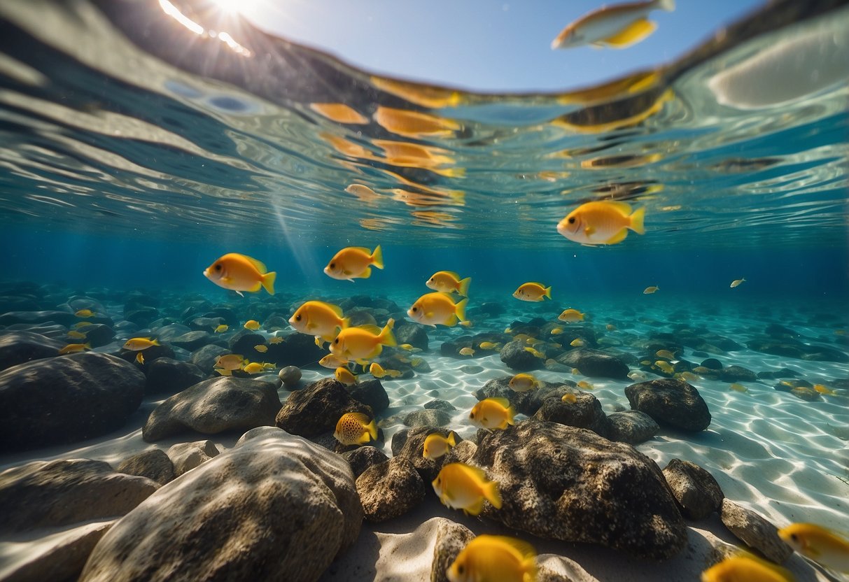 Crystal clear waters gently lapping against a pristine, sandy shore, with colorful fish darting through the water