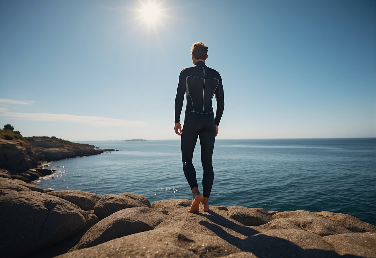 Open sea scene: calm waters, clear blue sky, distant coastline, and a lone swimmer in a wetsuit