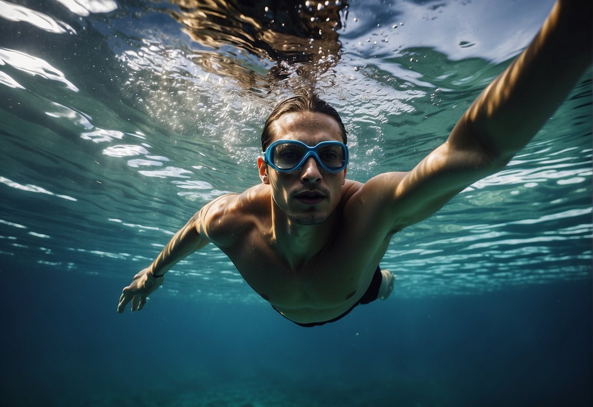 A swimmer glides through clear water, arms reaching forward, body rotating smoothly. The breath is controlled, exhaling underwater and inhaling quickly to the side