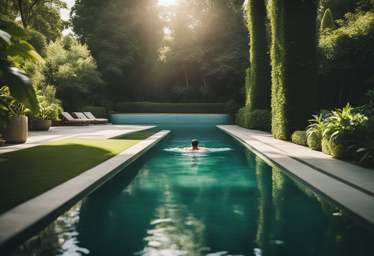 A serene pool with lanes marked, surrounded by lush greenery and bathed in sunlight, with a swimmer gliding effortlessly through the water