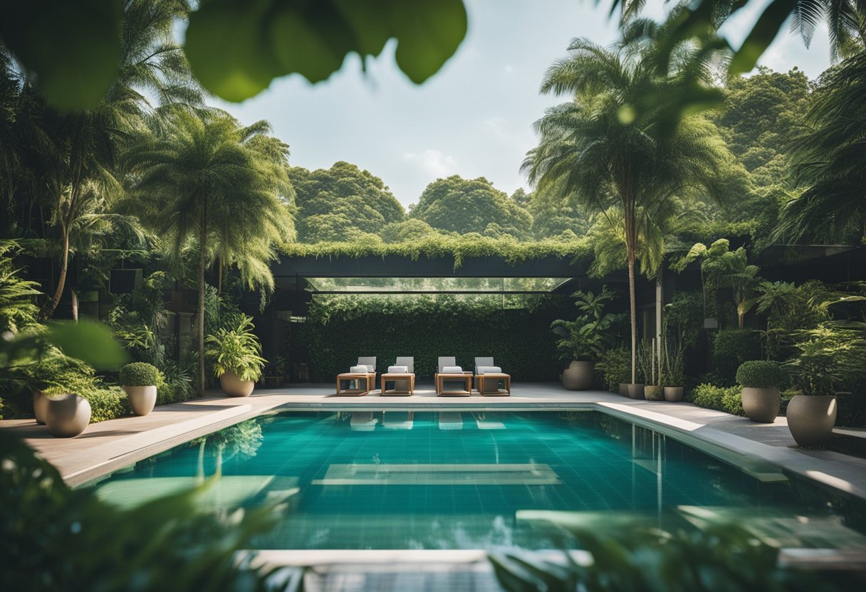 A clear, sparkling swimming pool surrounded by lush greenery and equipped with safety signs and hygiene stations