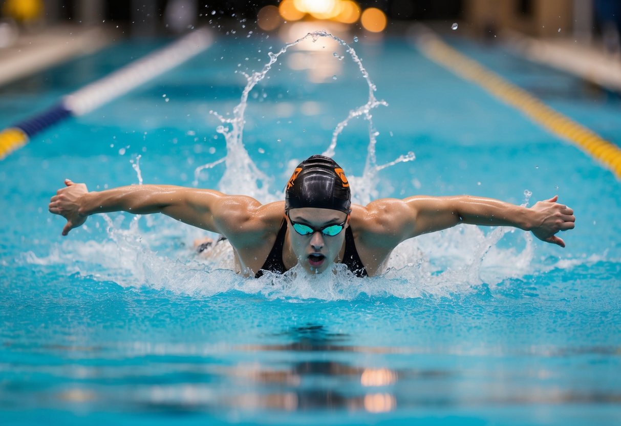 A swimmer performing the butterfly stroke, with arms extended forward and legs kicking vigorously, water splashing around them