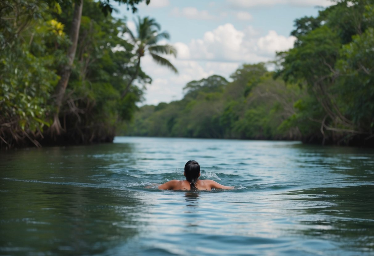 A lone figure swims the winding length of the Amazon River, surrounded by lush green jungle and diverse wildlife