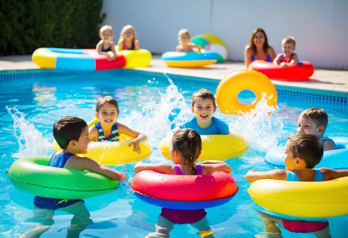 A sunny pool with colorful floaties and splashing water, surrounded by happy children and adults enjoying the benefits of swimming