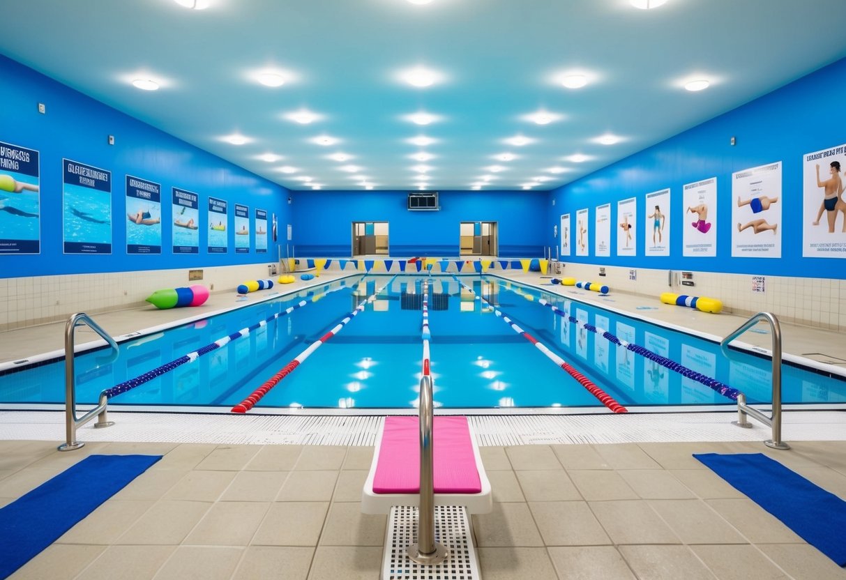 A clear blue swimming pool with lanes, a diving board, and colorful floats. Surrounding the pool are posters of famous swimmers and diagrams of swimming techniques
