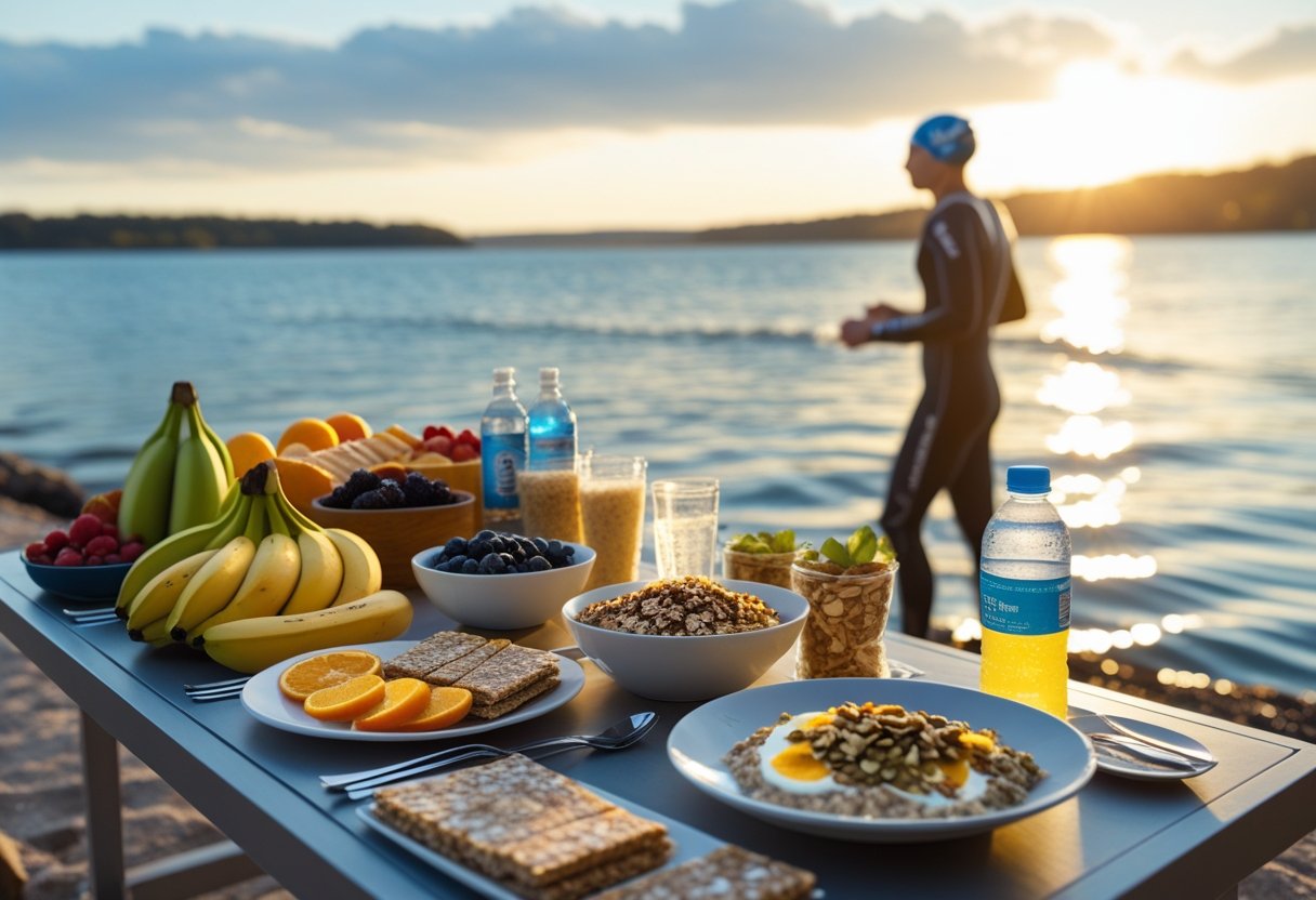 A table outdoors near calm open water with fresh fruits, energy bars, oatmeal, water, and protein foods, with a swimmer preparing by the water.