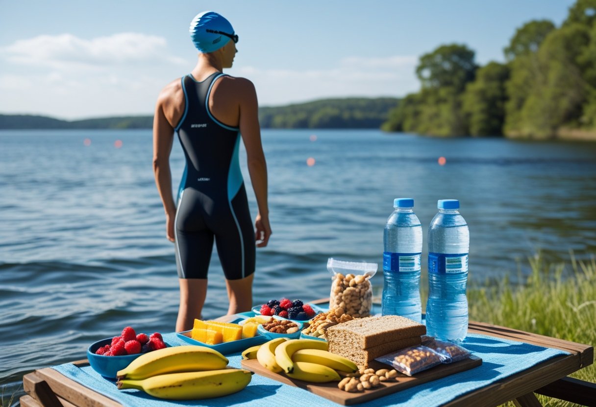 An open water swimmer stands by a lake with nutritious foods like fruits, nuts, and drinks arranged on a table nearby.