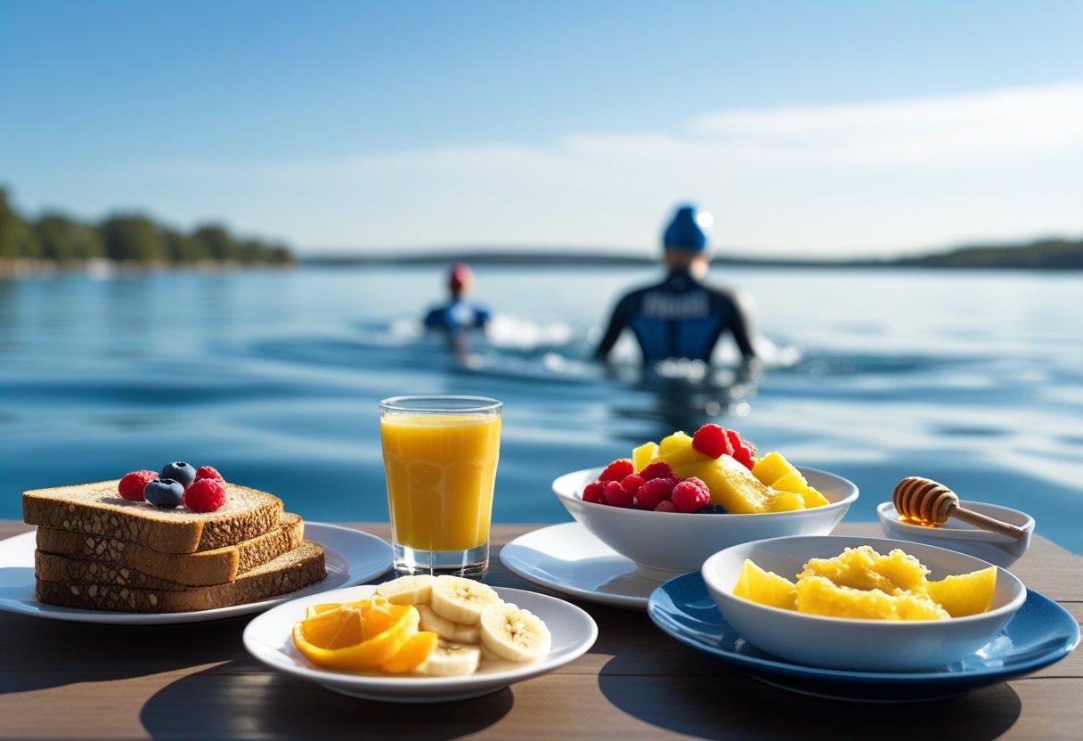 A breakfast table with carbohydrate-rich foods like oatmeal, fruit, and toast, with a swimmer preparing to enter calm open water in the background.