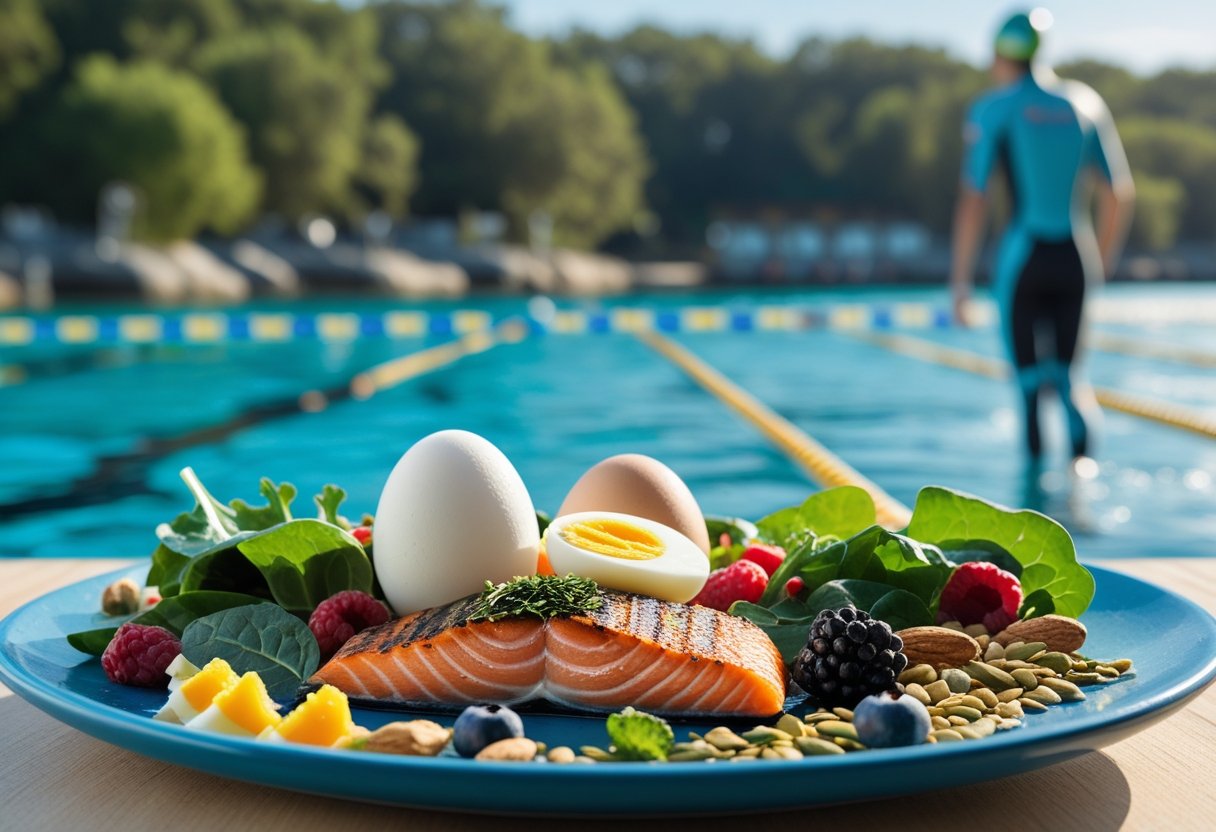 A plate of healthy food with grilled salmon, boiled eggs, leafy greens, berries, nuts, and seeds next to calm open water where a swimmer in a wetsuit is about to swim.