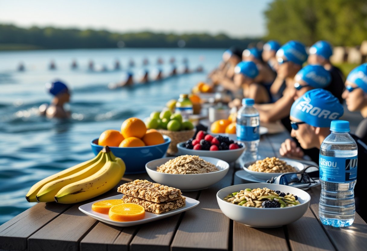 A table with healthy foods such as fruits, energy bars, oatmeal, water, and sports drink, with swimmers preparing at an open water lake in the background.