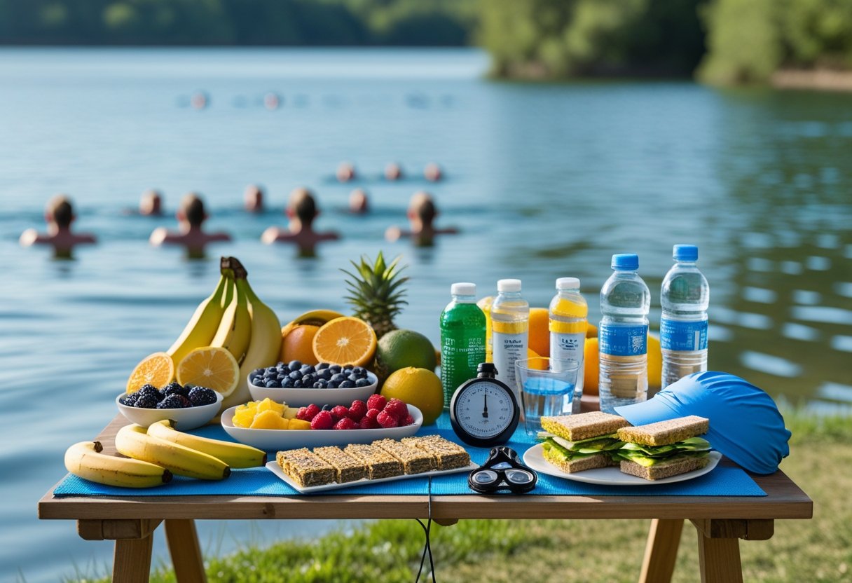 A table by a lake with healthy foods like fruits, energy bars, drinks, and swimming gear ready for an open water swim race.