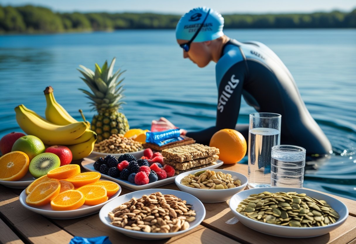 A selection of fresh fruits, energy bars, nuts, and water on a table with a swimmer in a wetsuit preparing by a lake in the background.