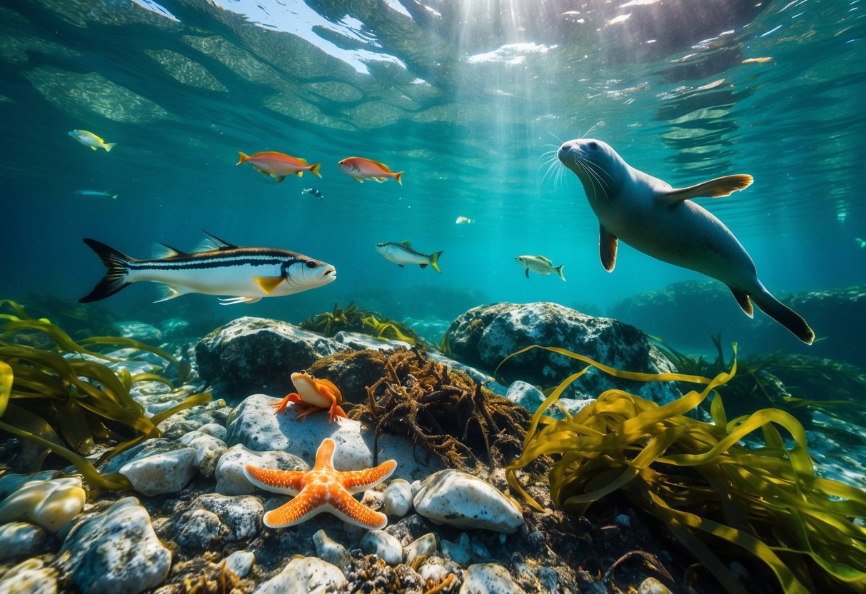 Underwater scene showing fish, a starfish, a crab, seaweed, and a grey seal swimming near the rocky seabed off the south coast of England.