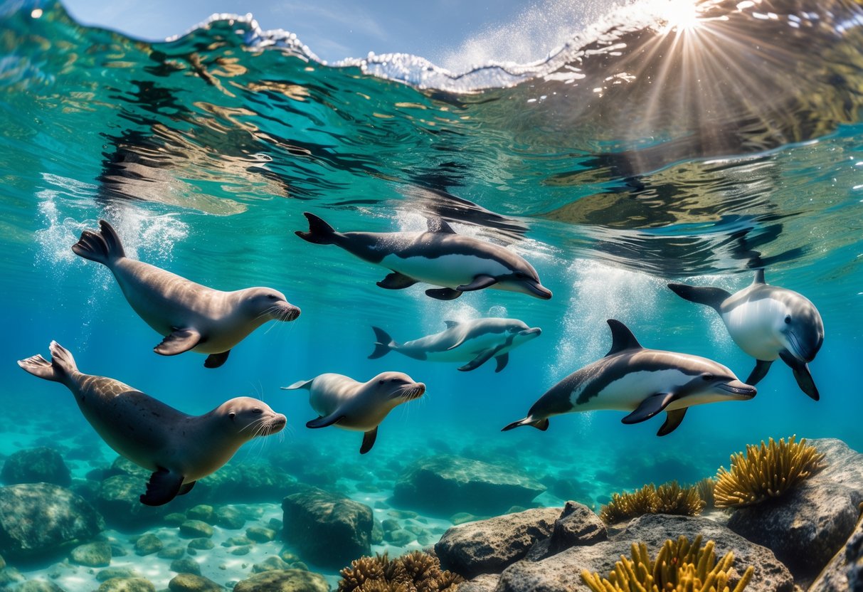 Underwater view off the south coast of England showing seals, dolphins, and a harbour porpoise swimming among rocks and sea plants.