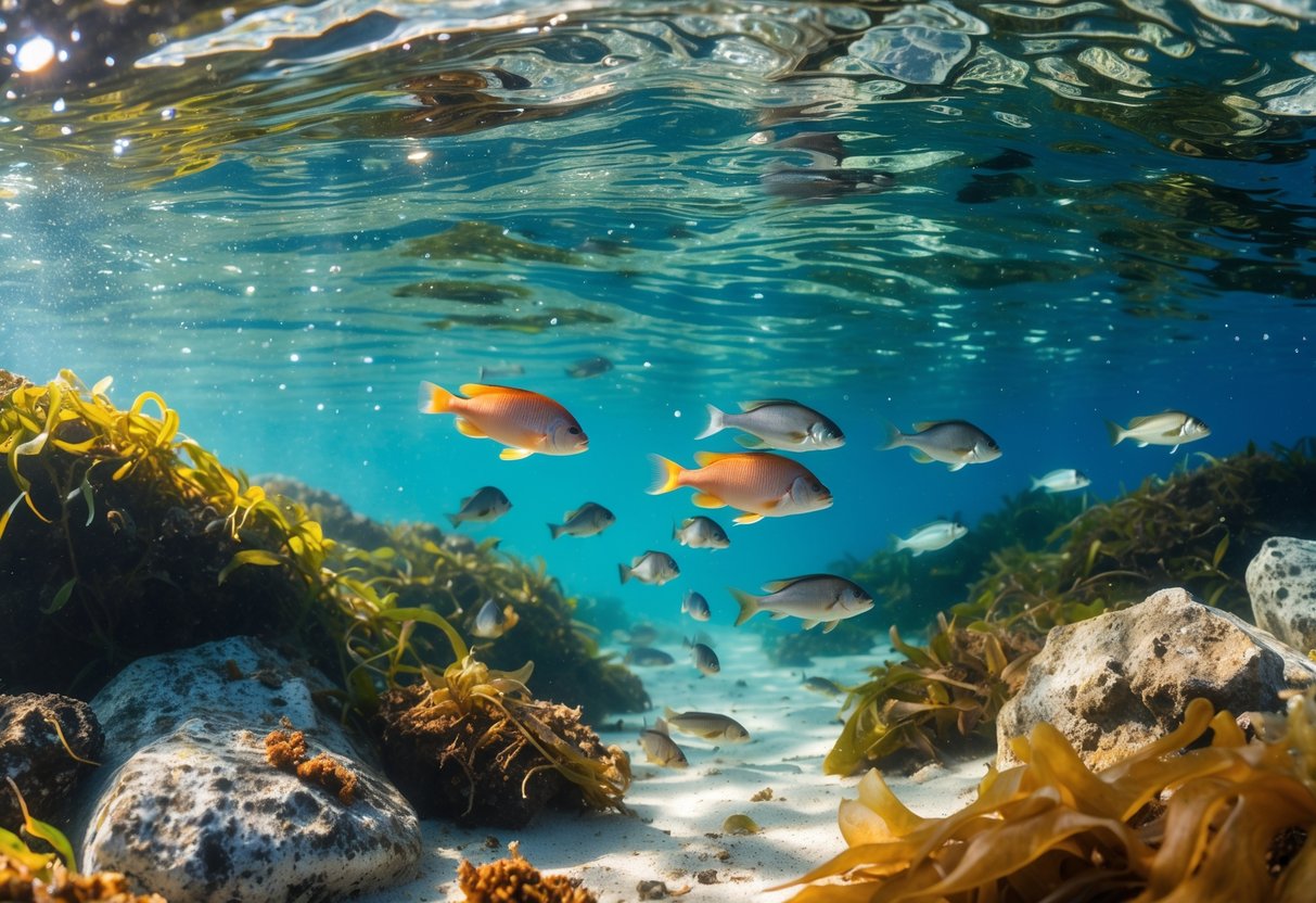 Underwater view of shallow coastal waters showing various fish swimming among seaweed and rocks off the south coast of England.