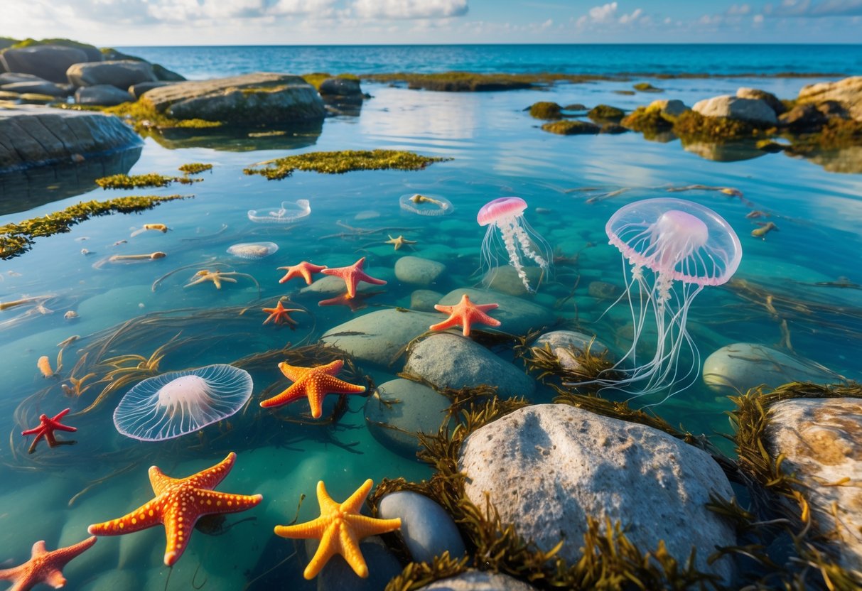 Clear shallow coastal waters with starfish, jellyfish, sea anemones, and crabs among rocks and seaweed on the south coast of England.