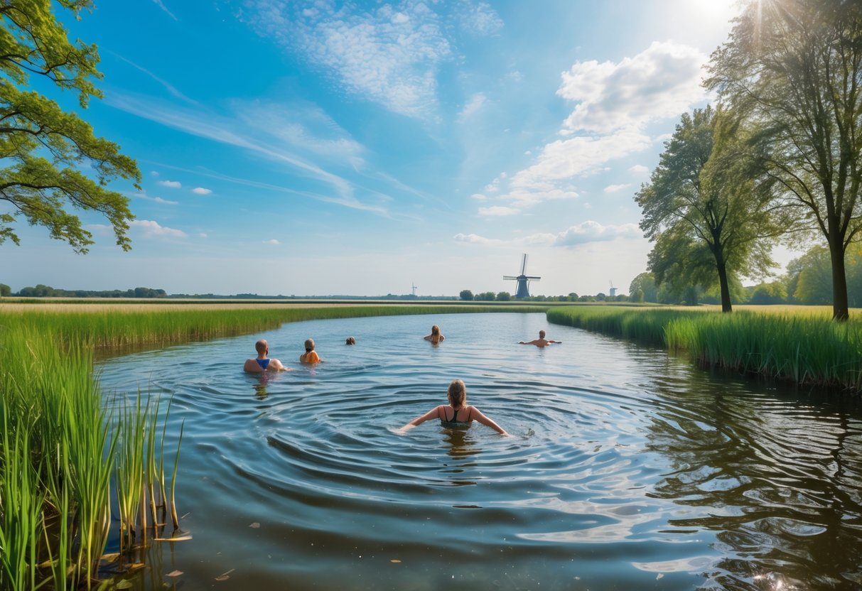 A clear lake in the Netherlands with people swimming, surrounded by green reeds and trees, under a blue sky with scattered clouds and distant windmills.