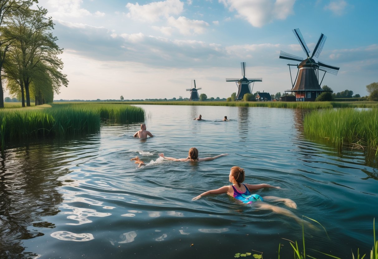 A calm lake in the Netherlands with people swimming and green vegetation along the shore, with windmills visible in the background.