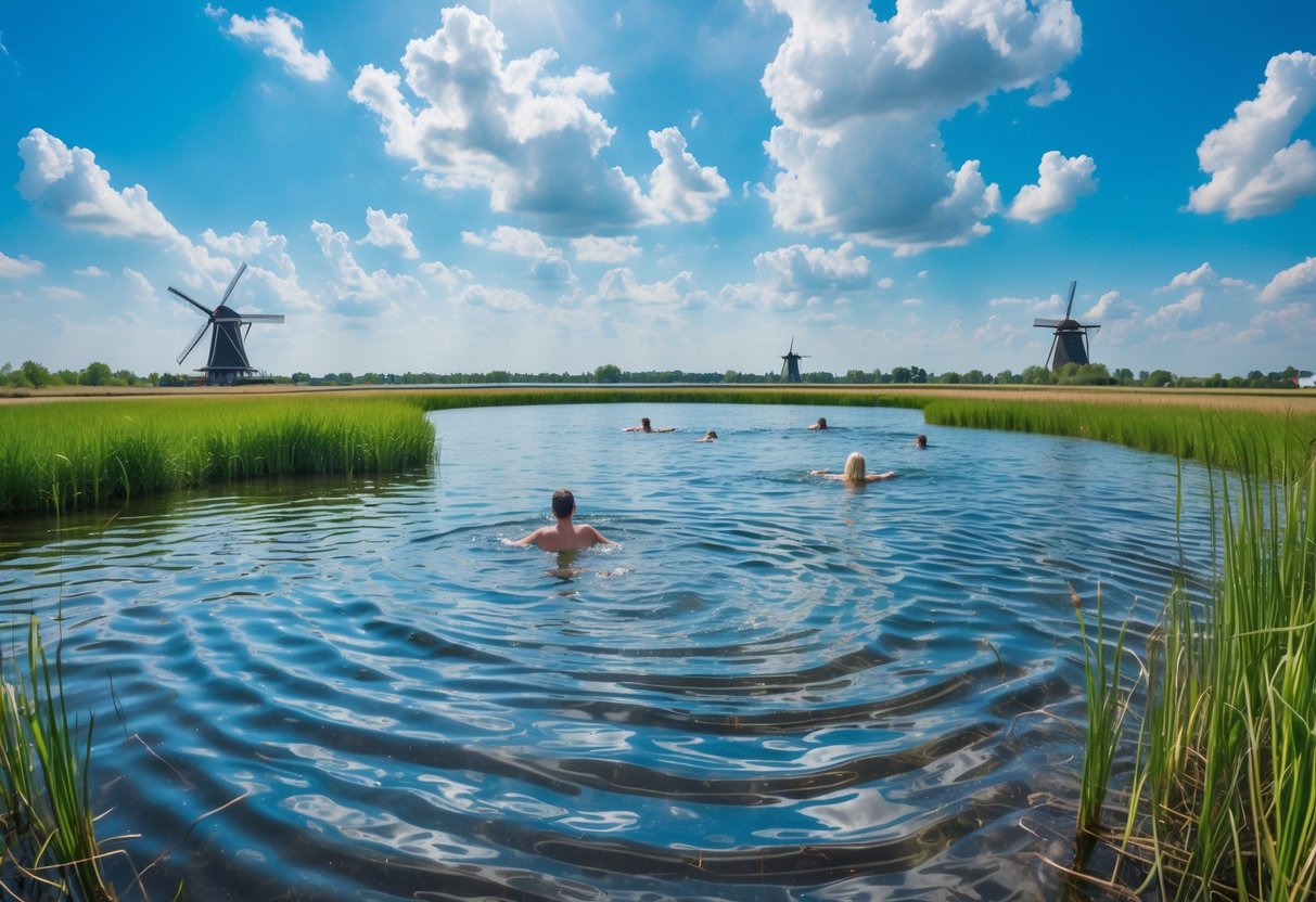 A clear lake in the Netherlands surrounded by green vegetation with swimmers enjoying the water and windmills visible in the background.