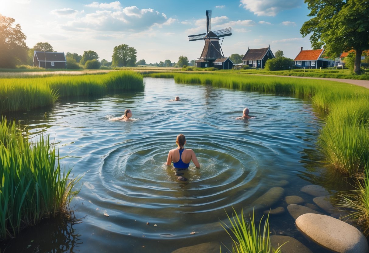 A clear lake in the Netherlands with swimmers, green trees, reeds, a windmill, and countryside houses under a bright sky.
