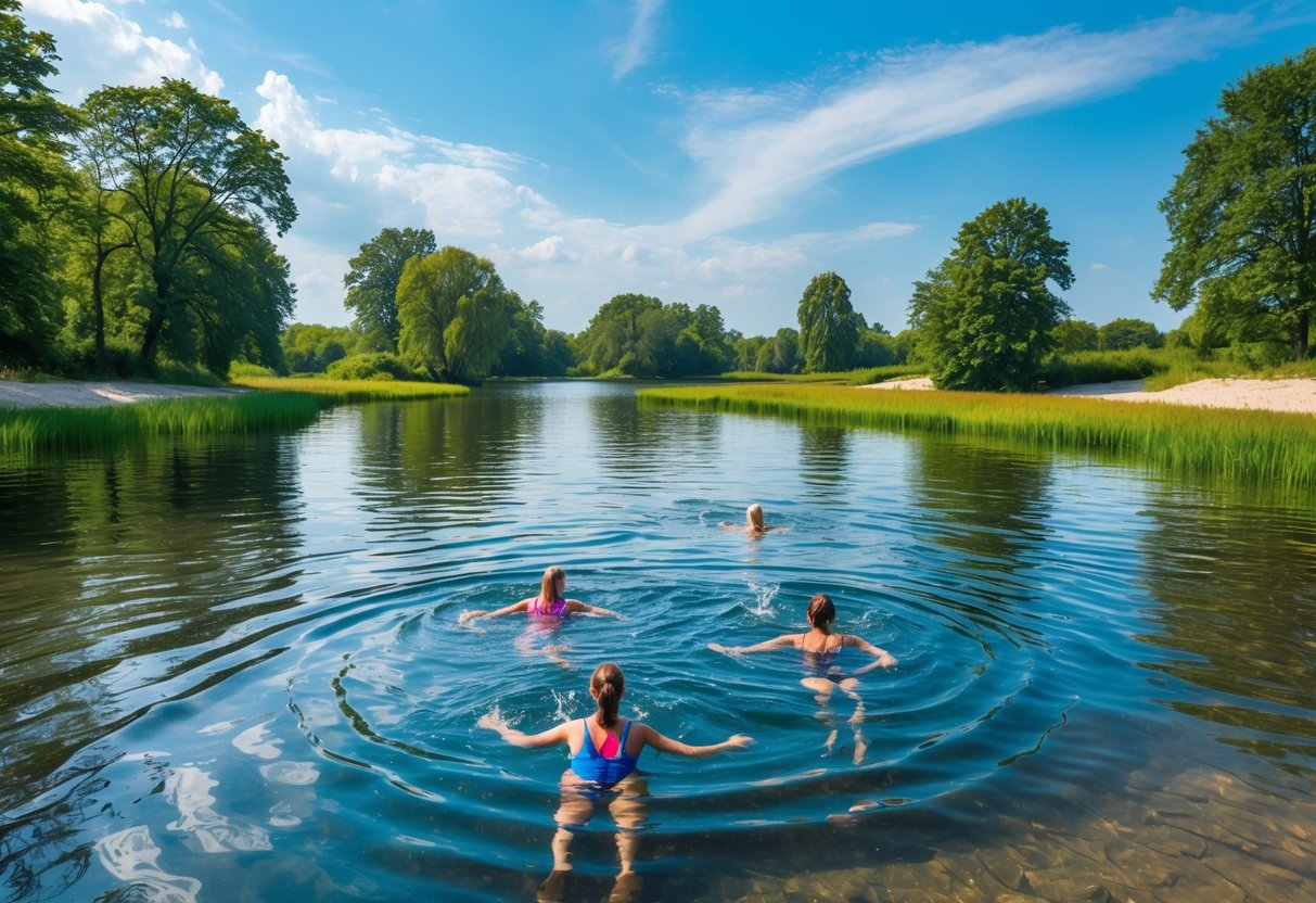 A clear lake surrounded by green trees with people swimming peacefully in the water under a blue sky.