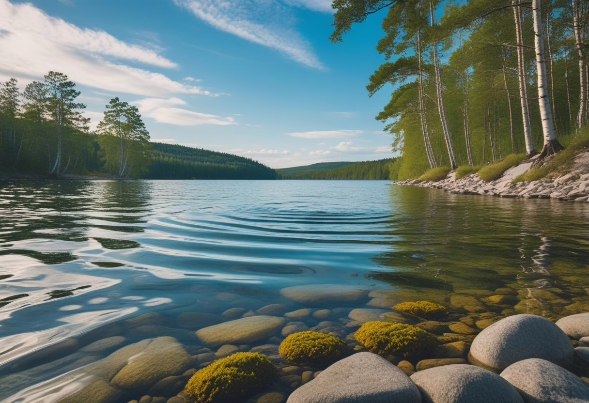A clear lake surrounded by green pine and birch trees with a rocky shoreline under a blue sky.