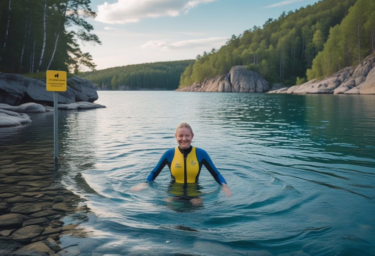 A swimmer in safety gear entering a clear lake surrounded by green forests and rocky shores in Sweden.