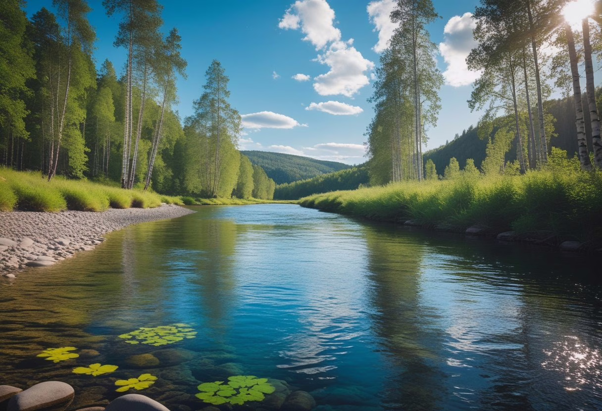 Clear river flowing through a green forest with trees and rocks along the shore under a blue sky with clouds.