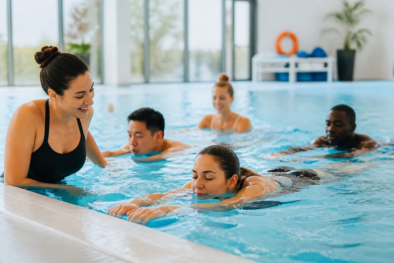 Adults practising swimming and breathing exercises in a clear indoor pool with an instructor guiding them.