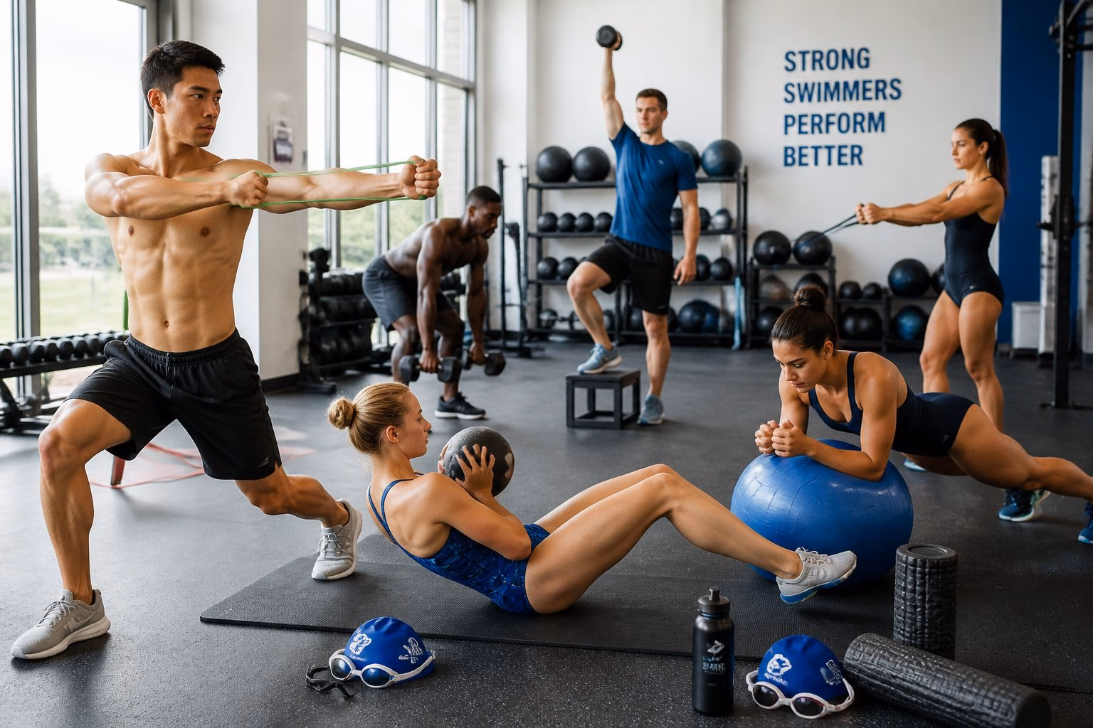 Swimmers doing land-based cross training exercises in a gym, including resistance band workouts and core exercises.