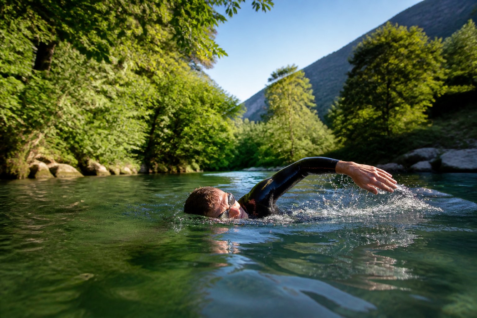 A person swimming in a clear river surrounded by green trees and natural vegetation under a bright blue sky.