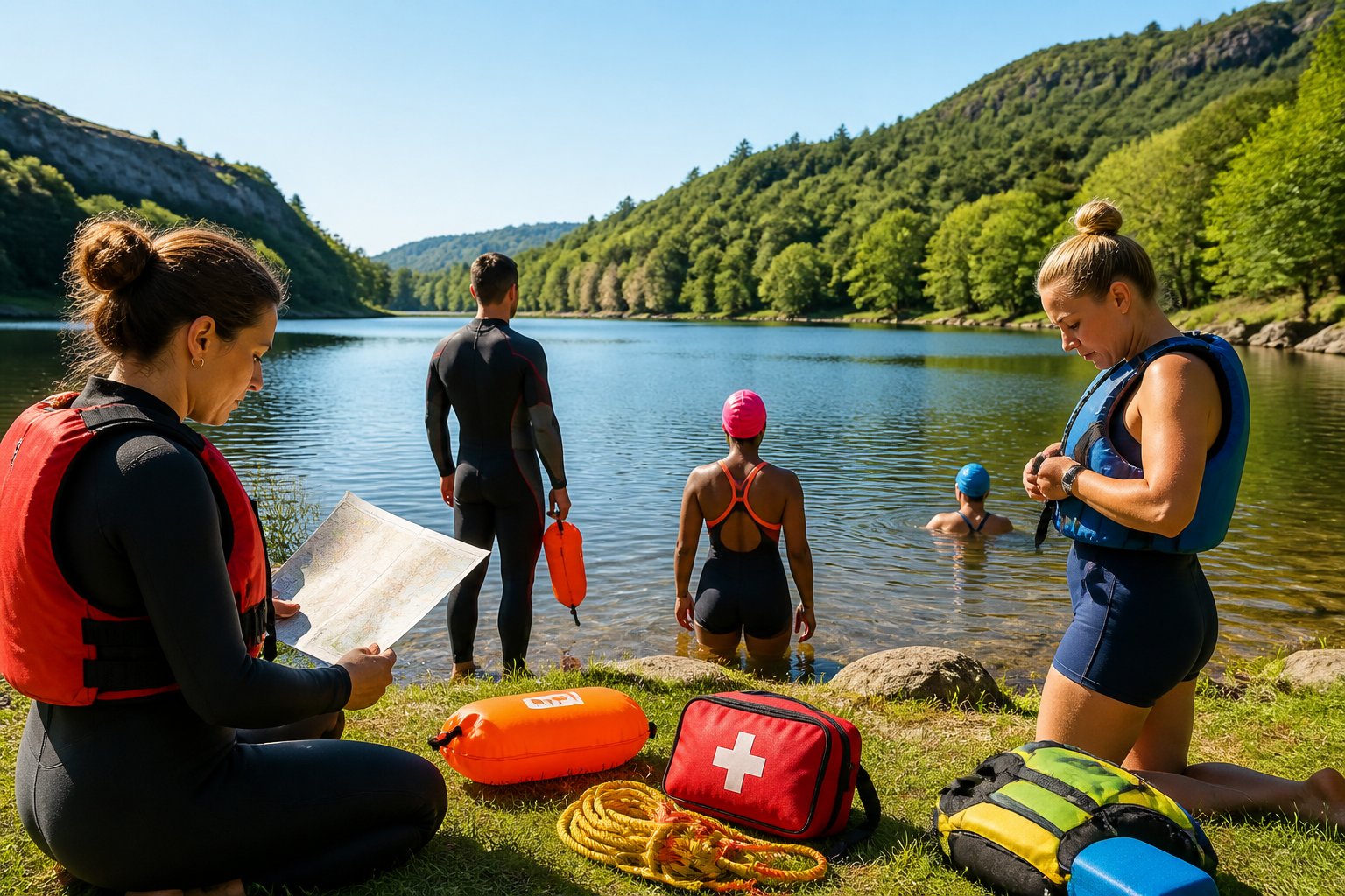 People wearing swimwear and safety gear preparing to enter a calm freshwater lake surrounded by trees and hills on a sunny day.