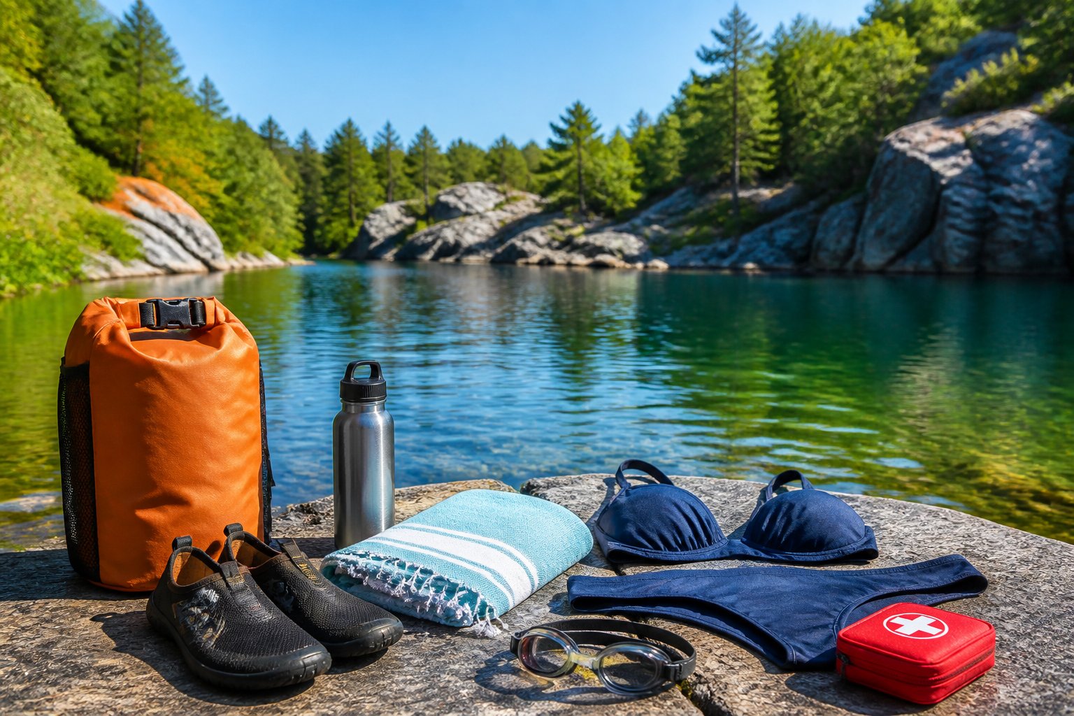A clear freshwater lake surrounded by green trees with swimming gear including swimwear, towel, water shoes, dry bag, water bottle, goggles, and first aid kit arranged on a rock by the water.