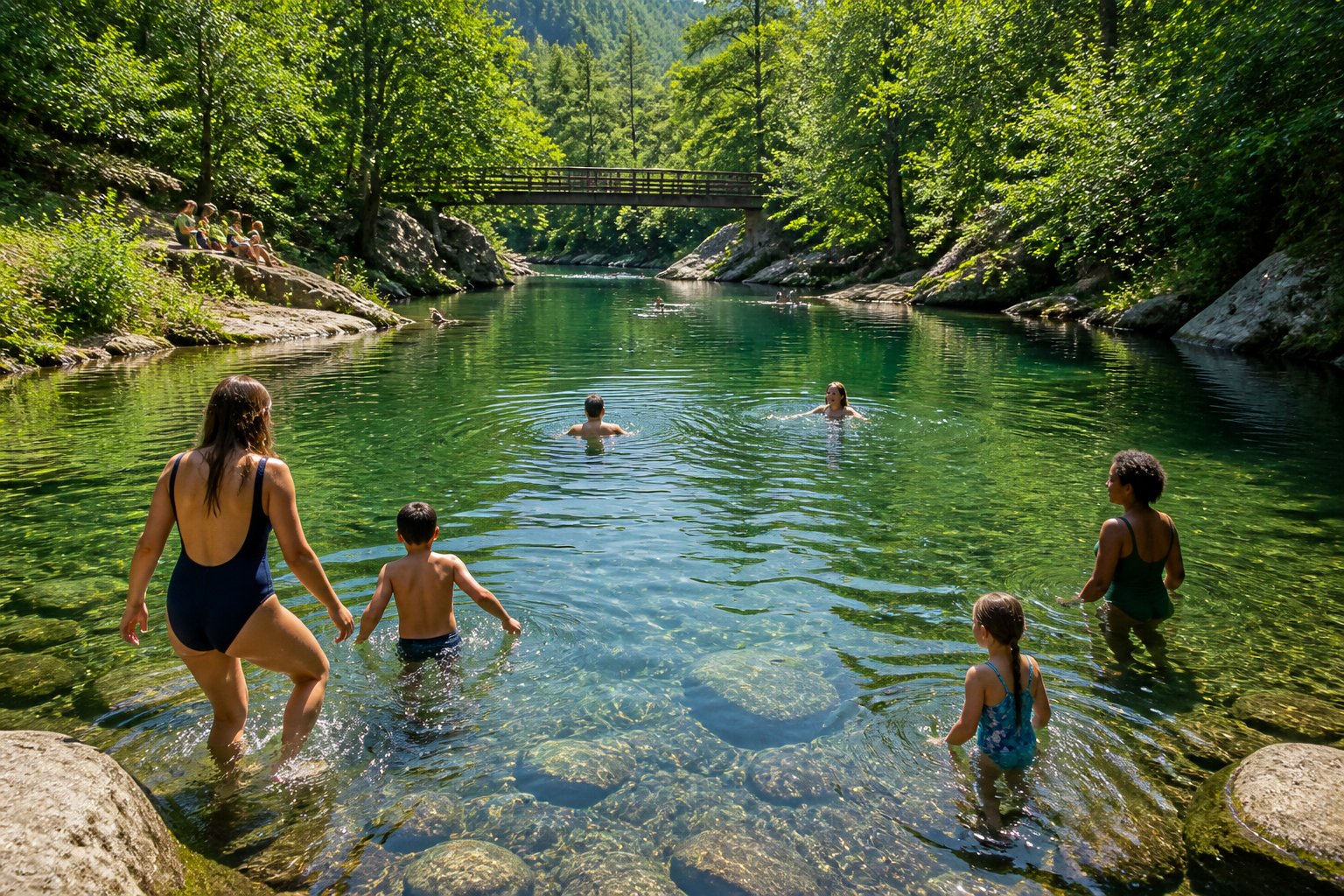 People swimming and relaxing in a clear river surrounded by green trees and natural vegetation.