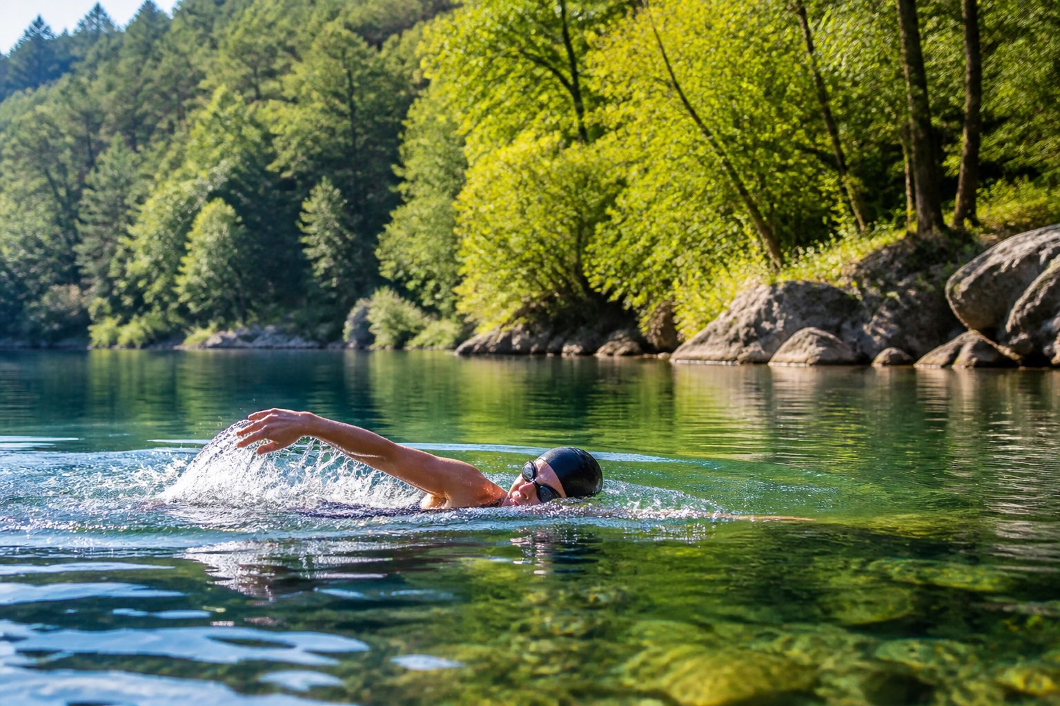 A person swimming in a clear freshwater lake surrounded by green trees and natural landscape.